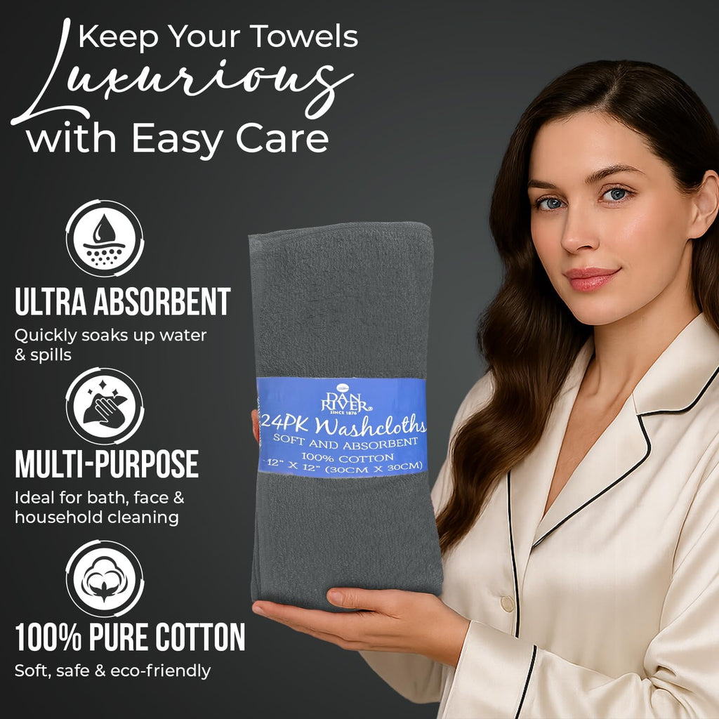 Dan River Washcloths pack of 24 High-Quality Soft Cotton Absorbent and Multipurpose Wash Clothes for Face & Body - Gray, 12x12in