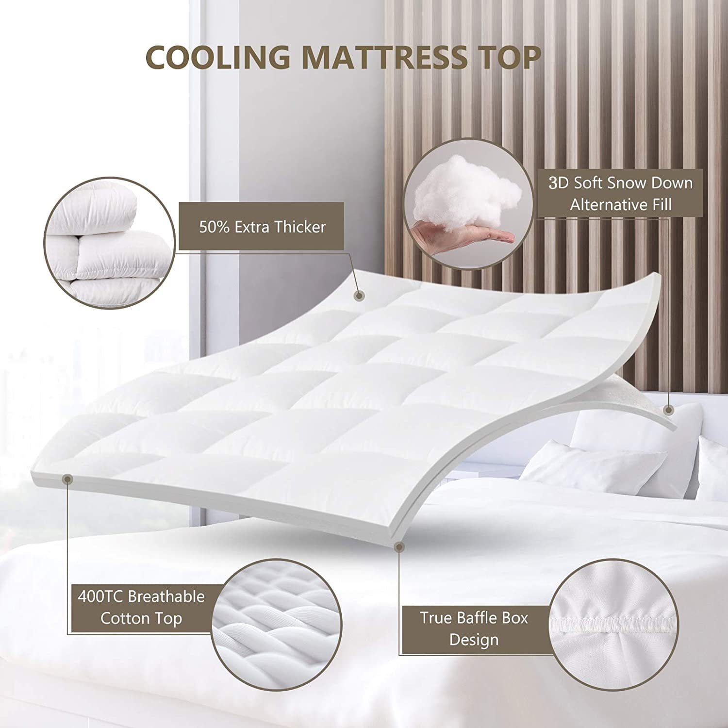Meritlife Extra Thick Queen Mattress Topper, 400TC Cotton Pillow Top with 5D Spiral Fiber, Deep Pocket, Cooling Plush