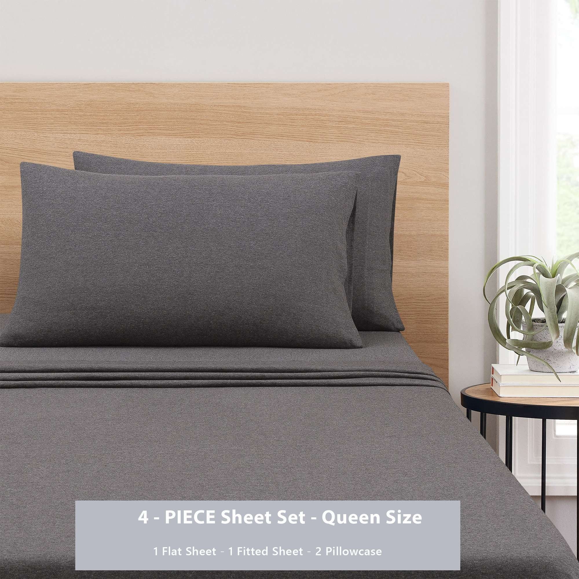Mainstays Cotton Rich Extra Soft Jersey Bed Sheet Set, Queen, Charcoal, 4 Pieces