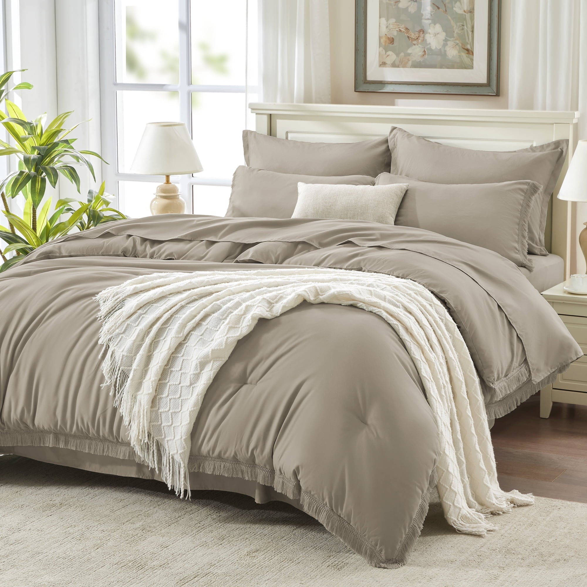 Andency King Size Comforter Sets Beige - 7 Pieces Bed in a Bag Soft Fluffy Bedding Comforter Sets for King Size Bed - Lightweight Cream Boho Tassel Bed Set with Comforter, Sheets, Pillowcases & Shams