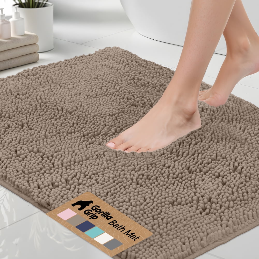 GORILLA GRIP Chenille Bath Rug 24x17, Rubber Backing Quick Dry Washable Microfiber Mats, Grey