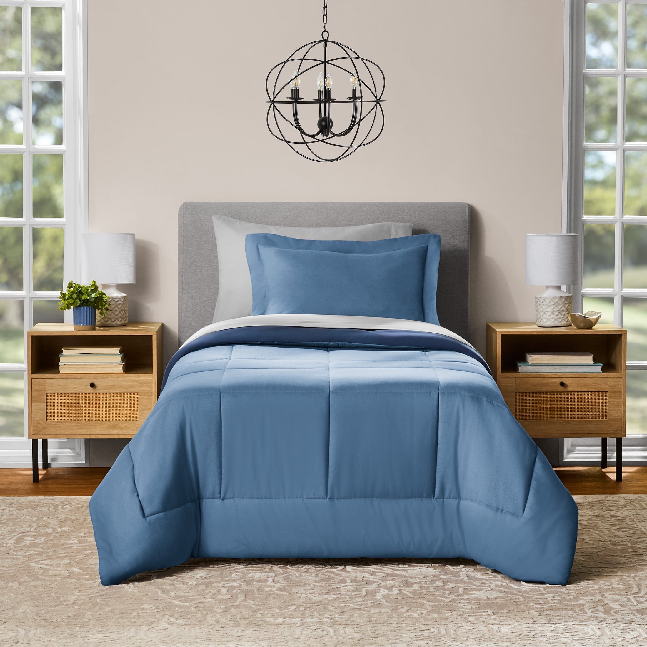 Mainstays All in One Reversible Comforter and Sheet Set- 7 Piece, Queen, Blue Pinstripe