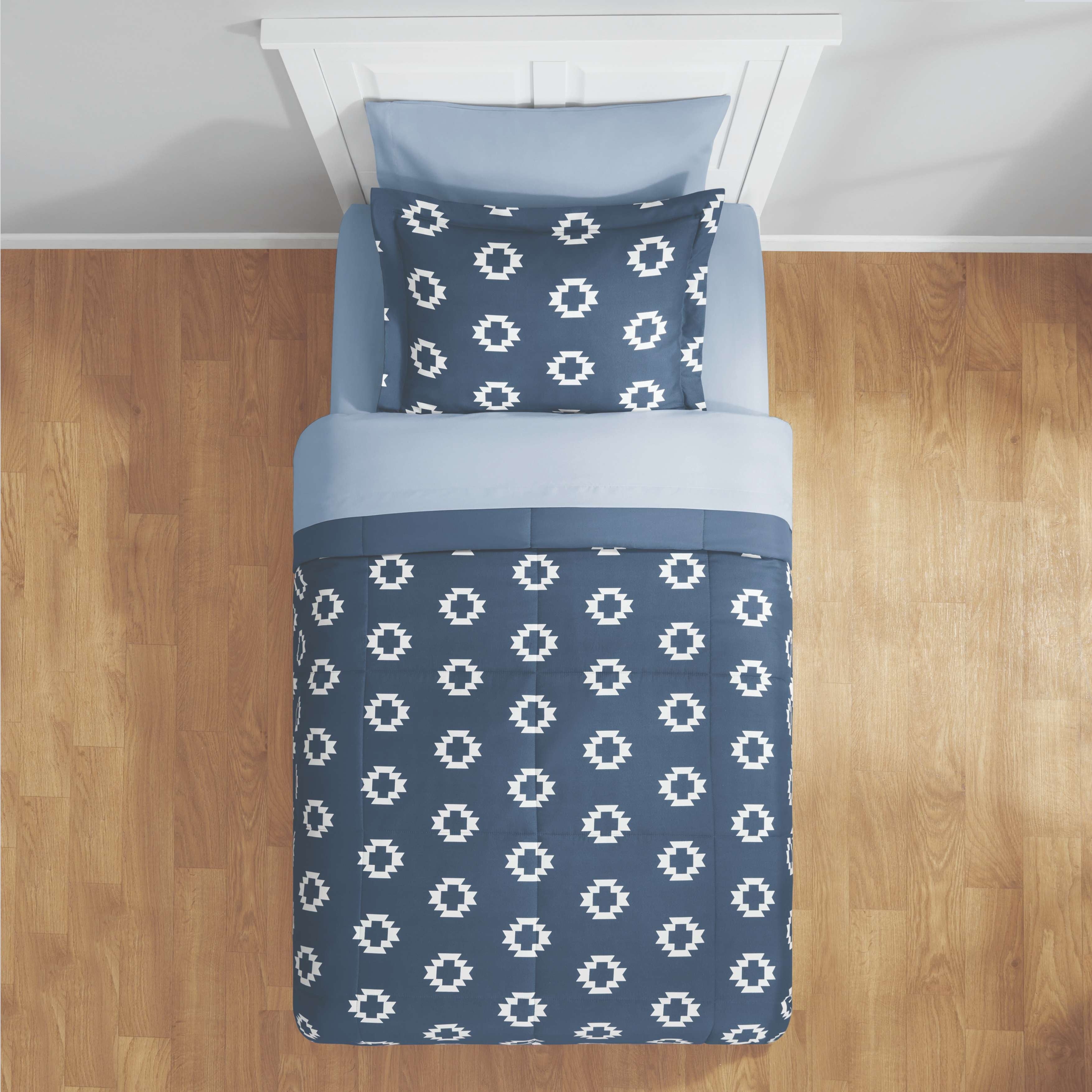 Mainstays All in One Reversible Comforter and Sheet Set- 7 Piece, Queen, Blue Pinstripe