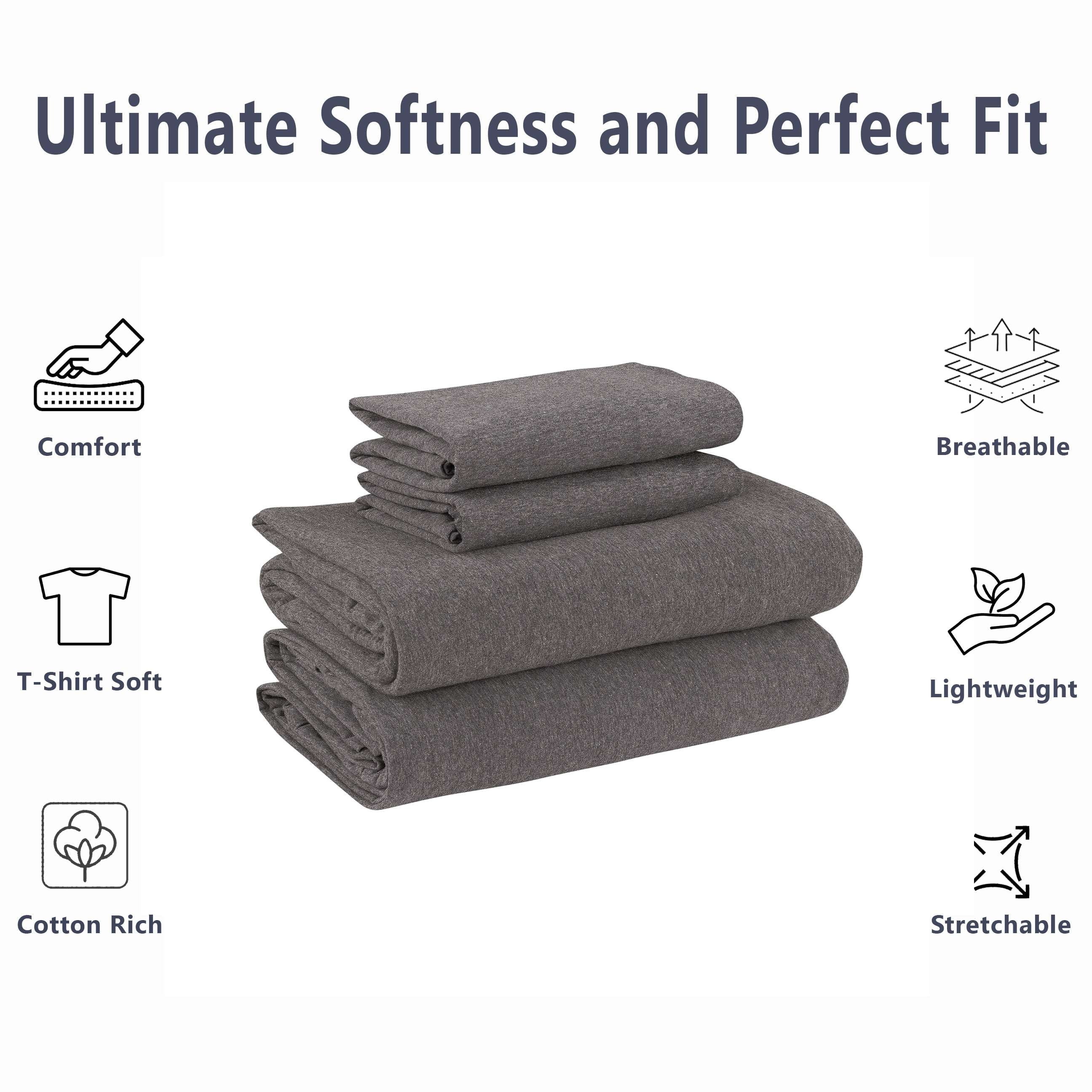 Mainstays Cotton Rich Extra Soft Jersey Bed Sheet Set, Queen, Charcoal, 4 Pieces
