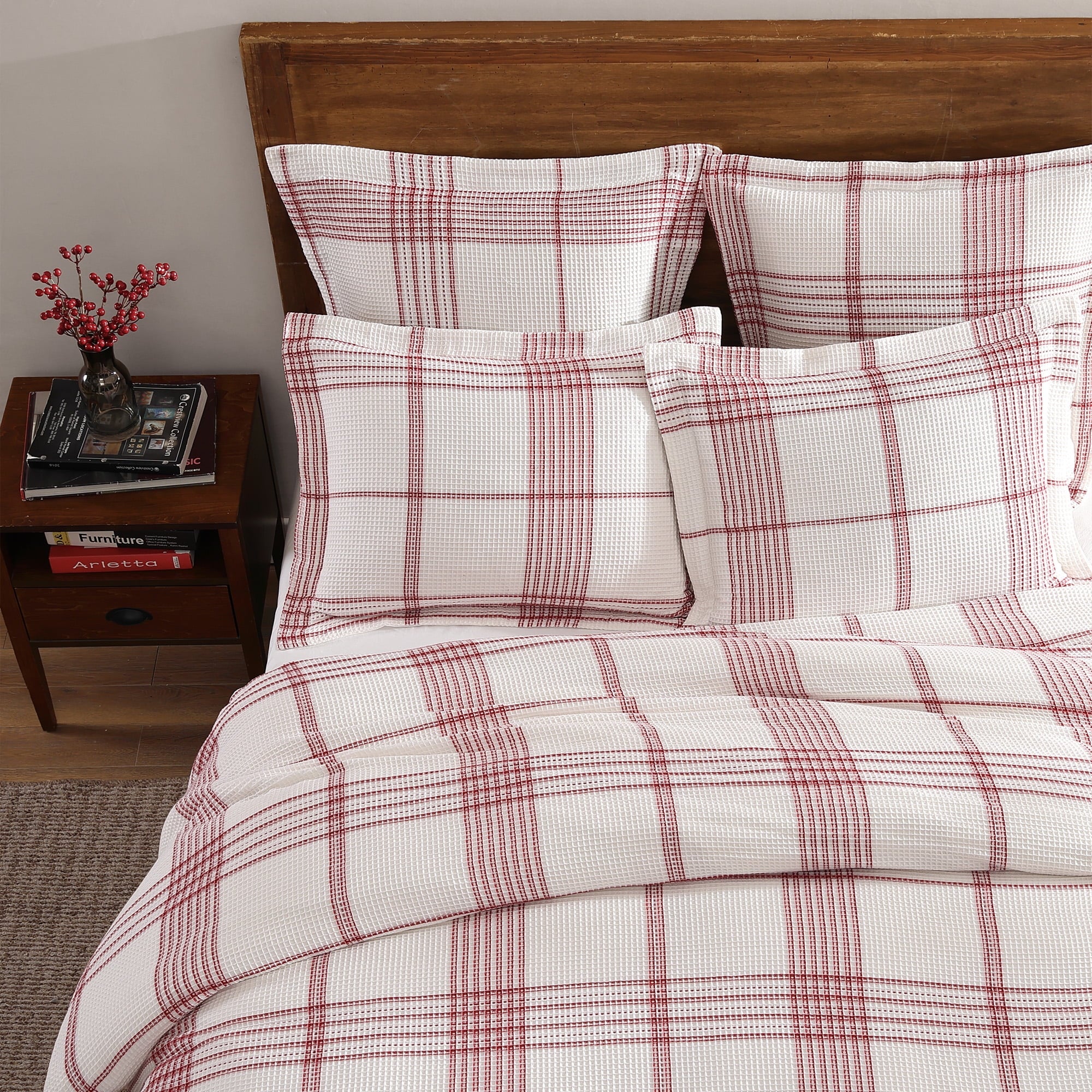 Levtex Home - Peppermint Plaid Duvet Cover Set - Full/Queen Duvet Cover + Two Standard Pillow Cases - Red, Cream - Waffle Plaid - Duvet Cover (90 x 94in.) and Pillow Case (26 x 20in.) - Cotton