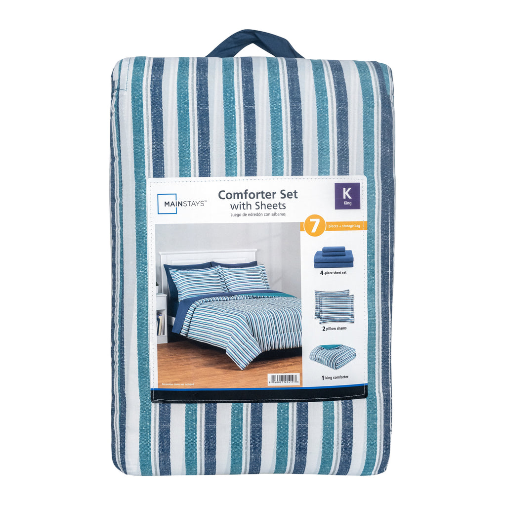 Mainstays All in One Reversible Comforter and Sheet Set- 7 Piece, Queen, Blue Pinstripe
